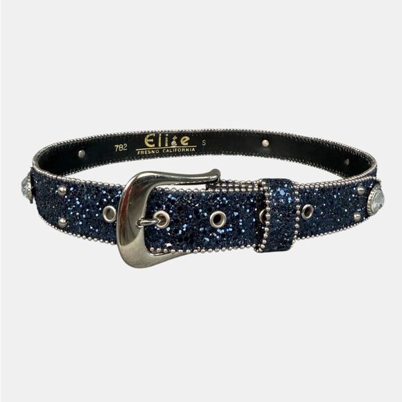 Elite Fresno CA Navy Glitter Leather Western Rhinestone Concho Belt BNWT Sz S